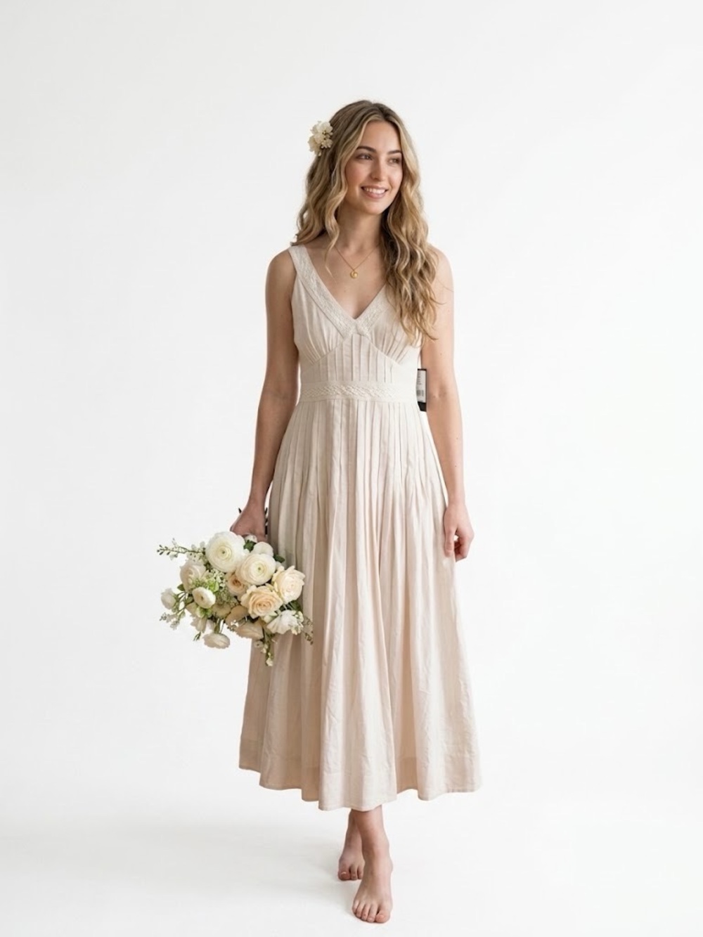 Cream Embroidered Lace Linen Dress